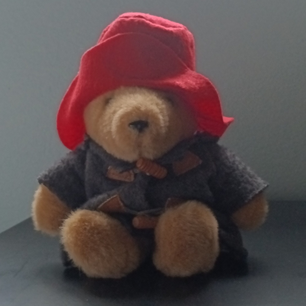1988 Paddington Bear by EDEN, Stuffed Plush, Red Hat, Grey Coat 10"